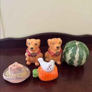 Cute Dog and Fruit Figurine salt shakers  pieces of 6